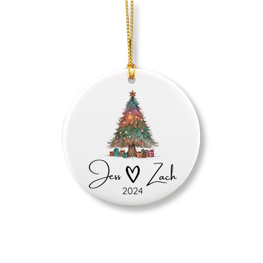 Personalized couple round ornament featuring a bohemian Christmas tree with a couple first names and year.