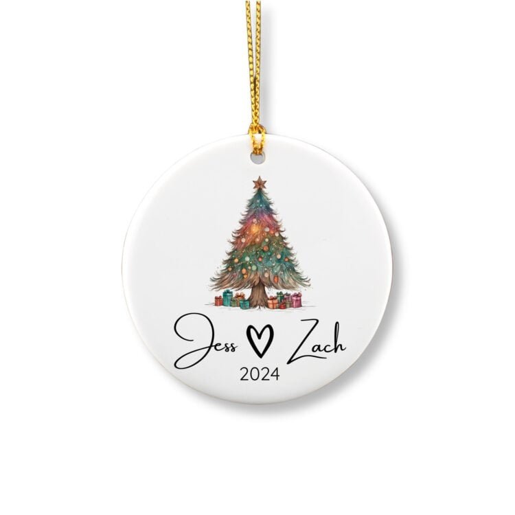 Personalized couple round ornament featuring a bohemian Christmas tree with a couple first names and year.