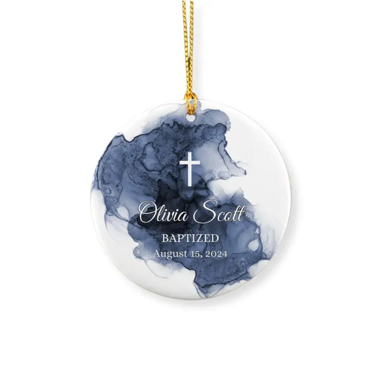 Personalized faith over fear baptism ornament featuring a a black smoke and a white cross, a name and the baptism date