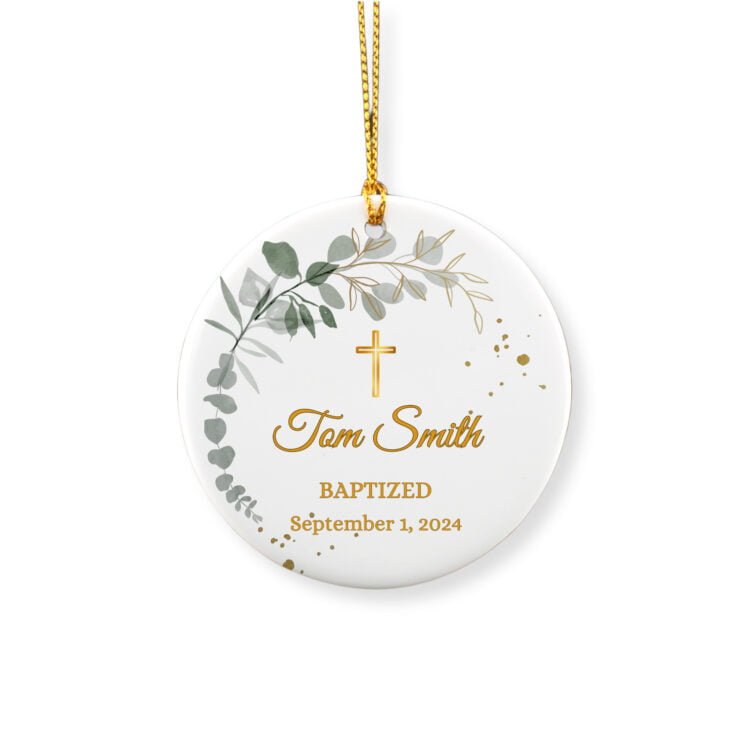 Personalized baptism ornament featuring a simple olive tree leaf reef, a name and the baptism date