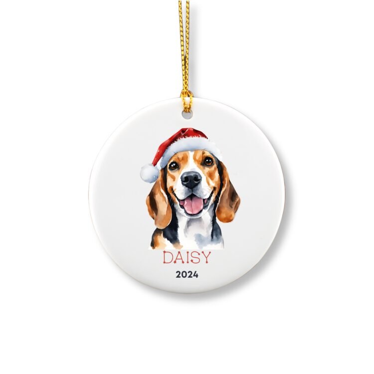 Personalized ornament showcasing a Beagle with a red hat