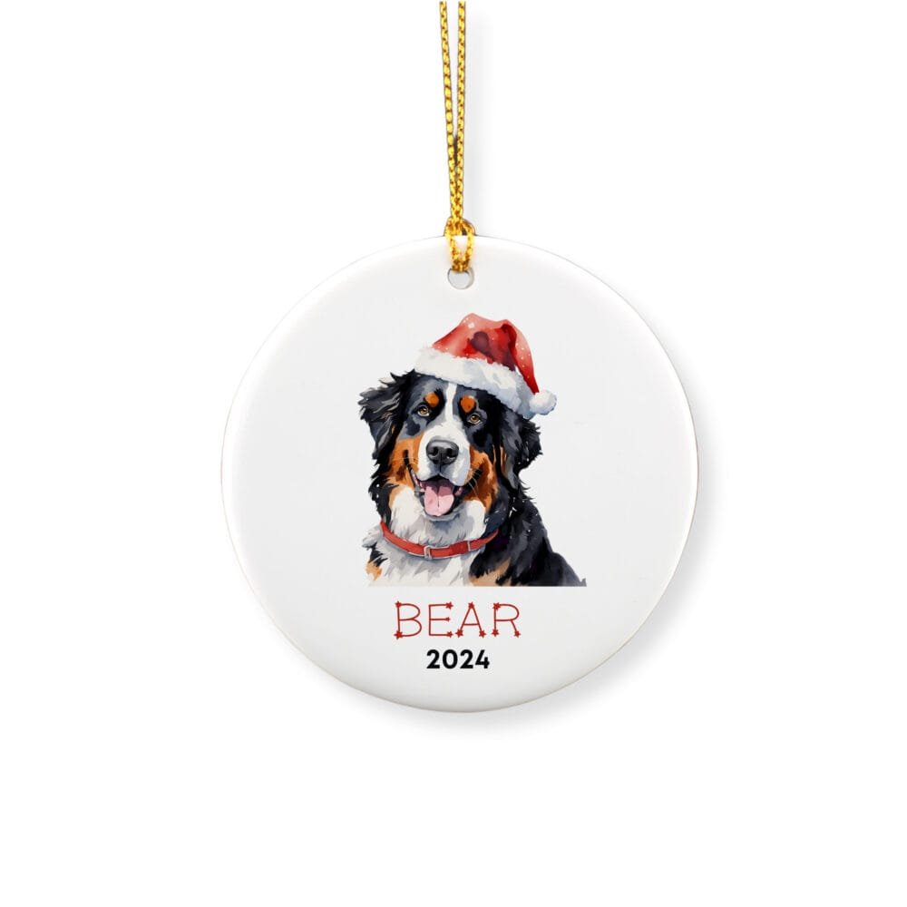 Personalized ornament showcasing a Bernese Mountain dog with a red hat and a name