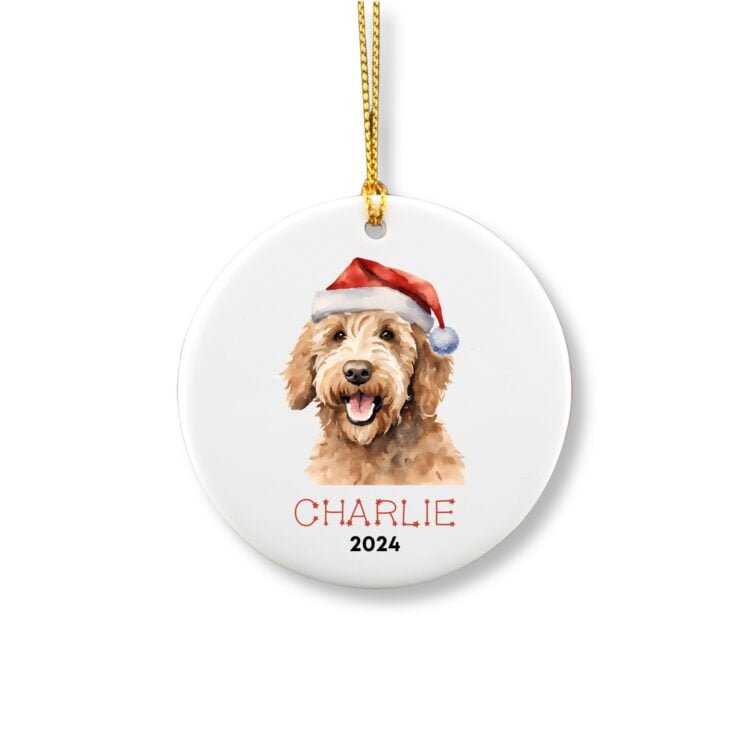 Personalized ornament showcasing a cute blond Labradoodle with a red hat on his head