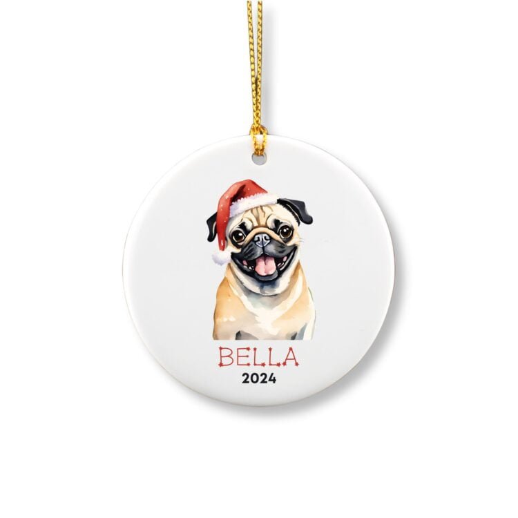 Personalized ornament showcasing a cute brown pug with a red hat on his head