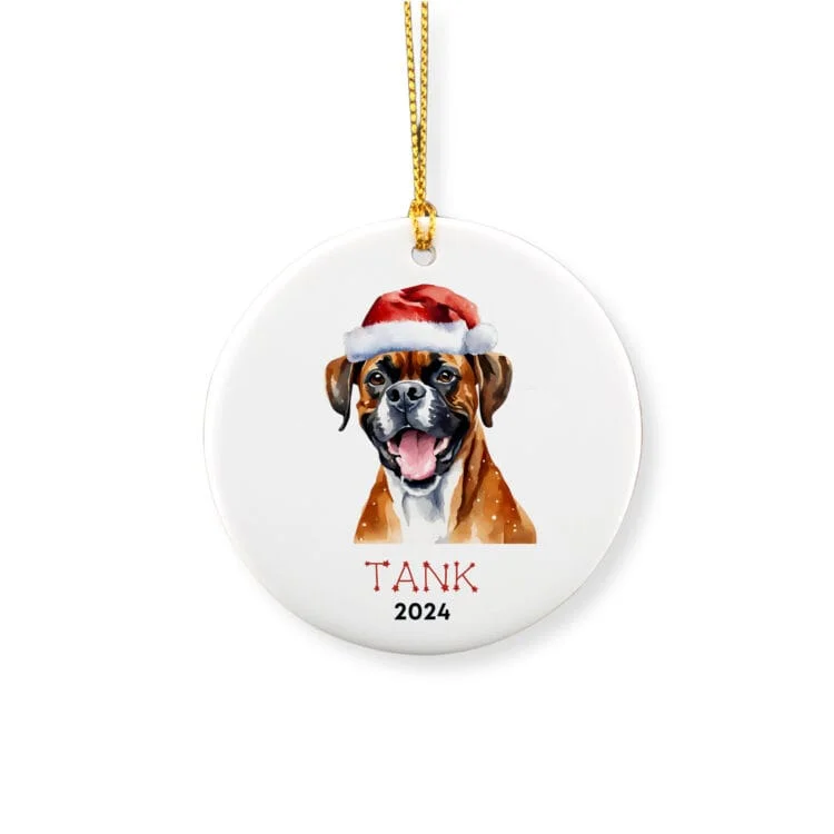 Personalized ornament showcasing a Boxer dog with a red hat