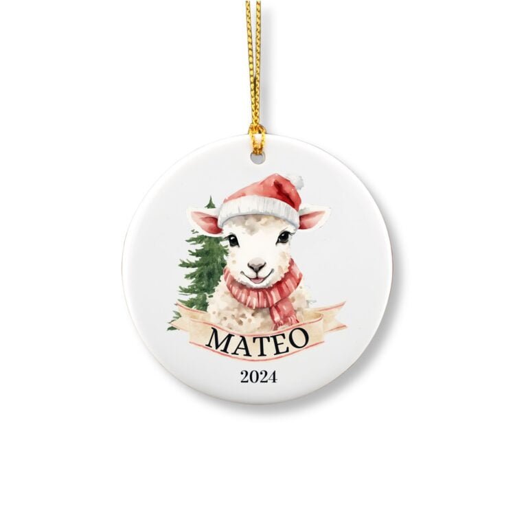 Personalized Christmas ornament showcasing a cute lamb wearing a beanie in front of a pine tree