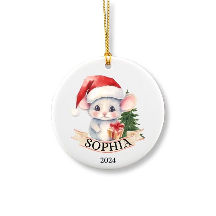 Personalized Christmas Mice ornament with name in front of a tree