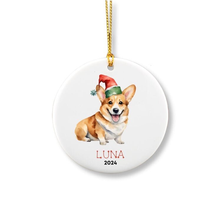 Personalized ornament showcasing a cute Corgi with an elf hat