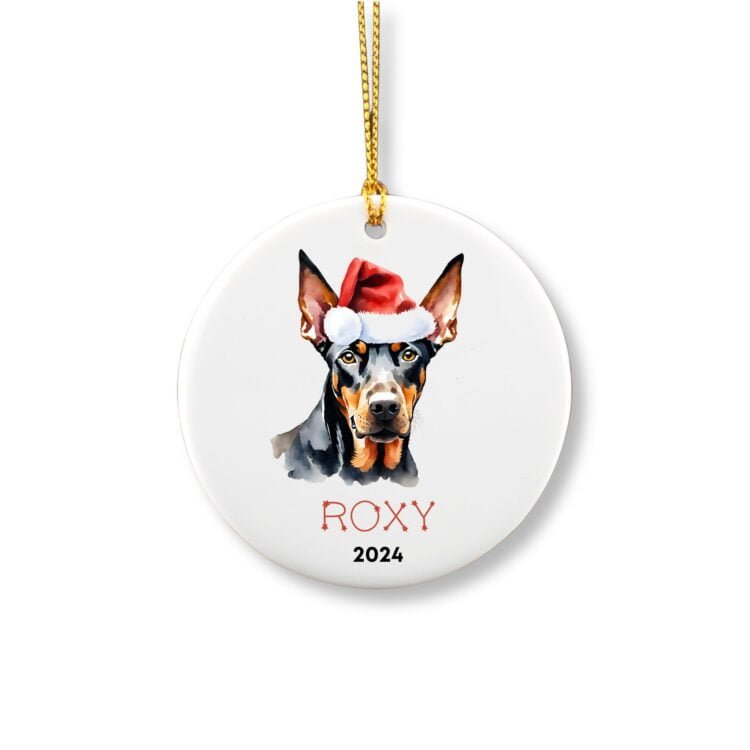 Personalized ornament showcasing a Doberman with a red hat