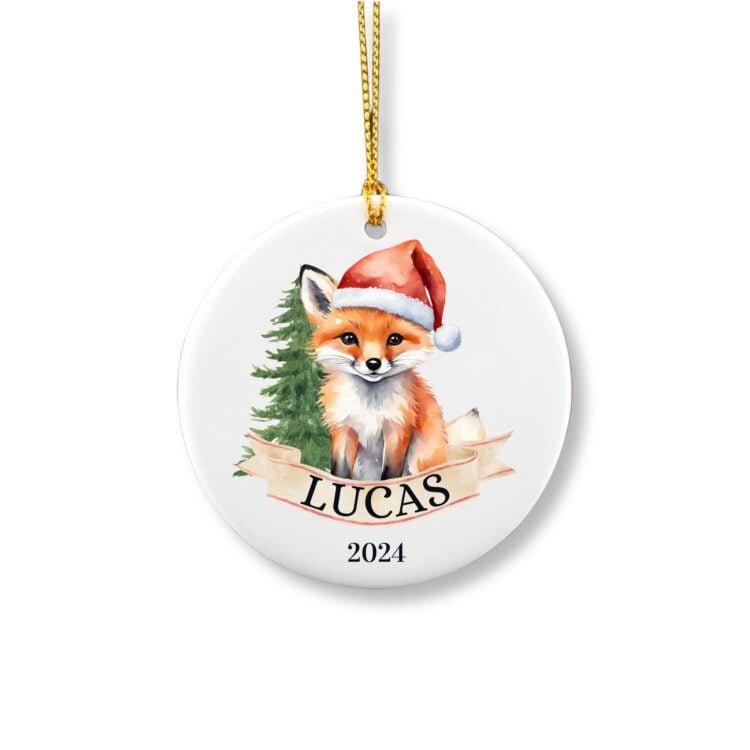 Personalized Christmas Fox ornament with a hat.