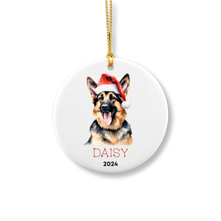 Personalized ornament showcasing a cute German Shepherd with a red hat