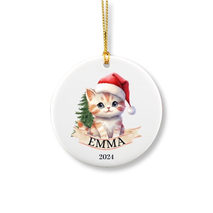 Personalized Ginger Cat ornament with name in front of a christmas tree