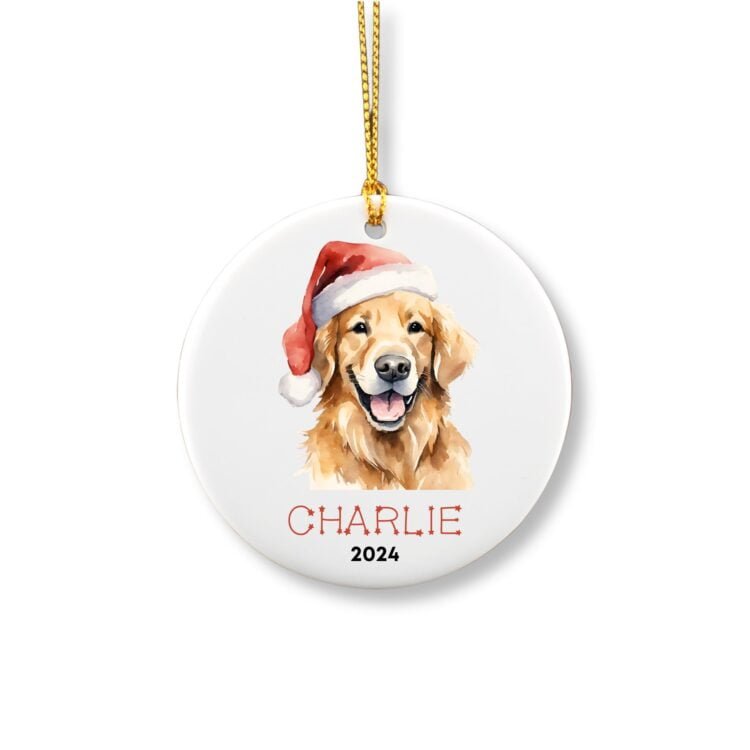 Personalized ornament showcasing a cute golden retriever with a red hat on his head