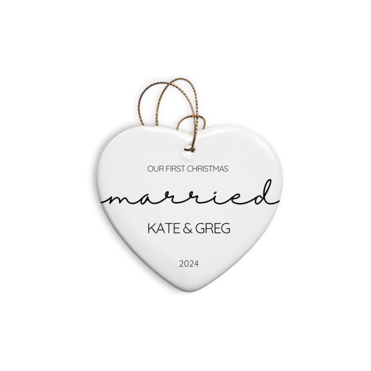 Personalized married heart ornament featuring the word "married" and first names of the couple and date