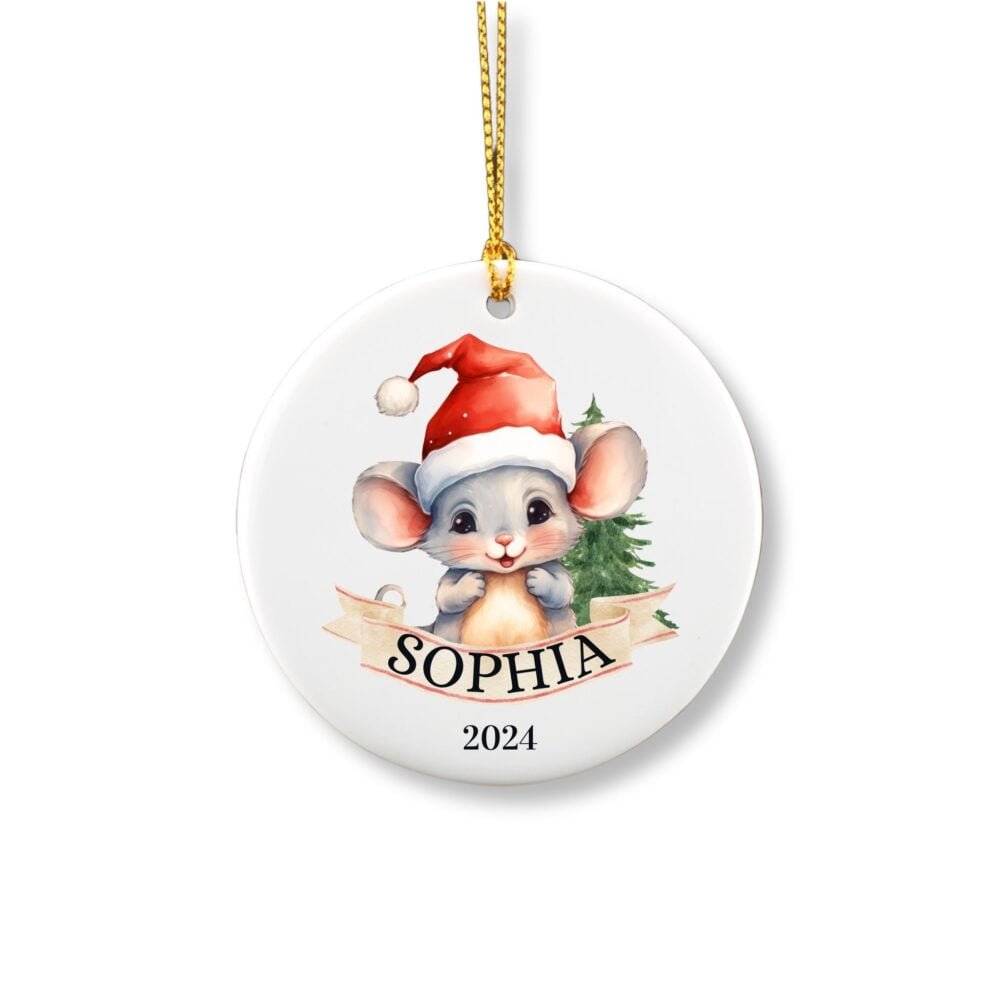 Personalized Mice ornament with name in front of a Christmas tree