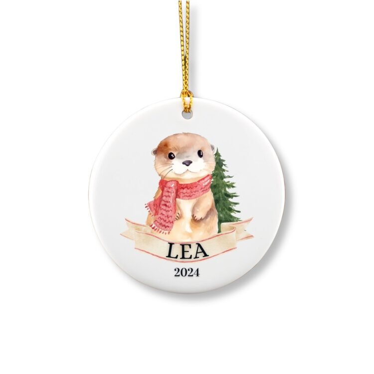 Personalized Otter Round ornament featuring a cute otter wearing a red scarf