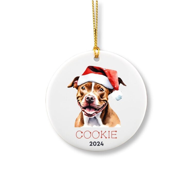 Personalized ornament showcasing a cute brown Pitbull with a red hat