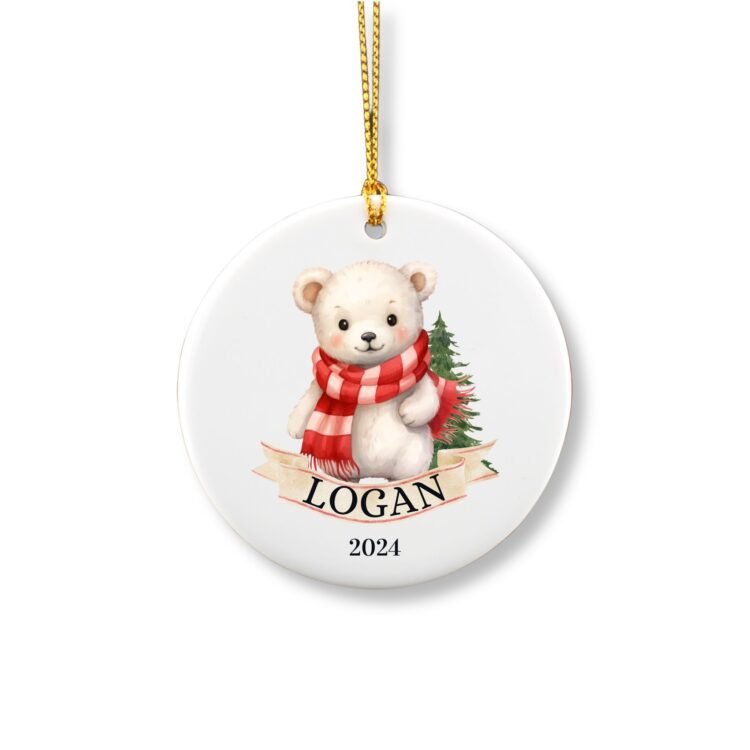 Personalized Polar Bear ornament with name in front of a Christmas tree