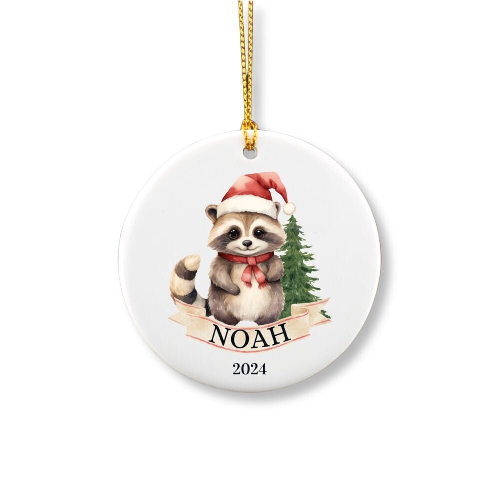 Personalized Raccoon ornament with name in front of a Christmas tree