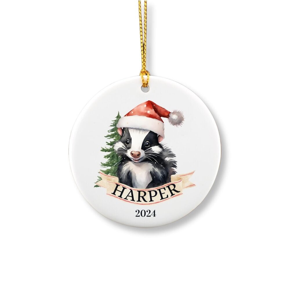 Personalized Christmas ornament showcasing a cute Skunk wearing a beanie in front of a pine tree