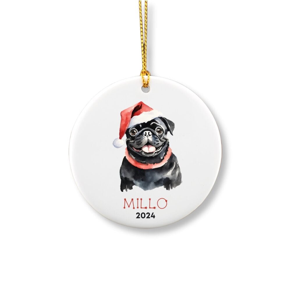 Personalized ornament showcasing a cute black pug with a red hat on his head