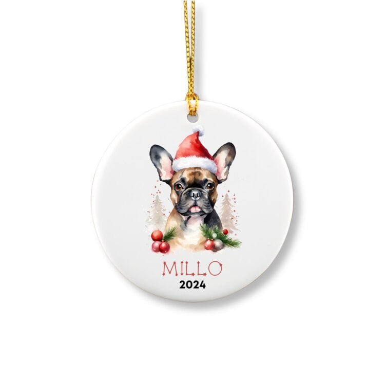 Personalized ornament showcasing a cute brown frenchie with a red hat