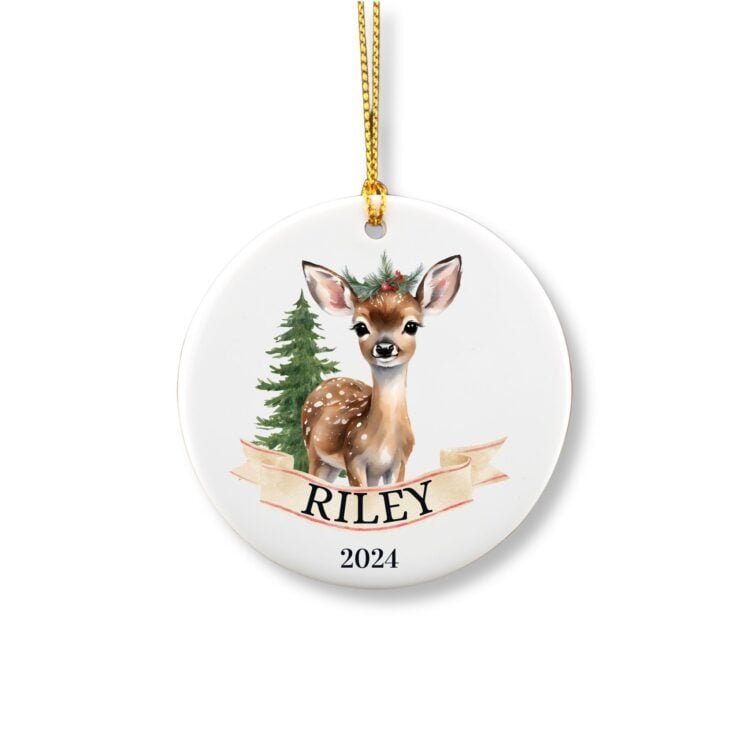 Personalized fawn ceramic ornament with name