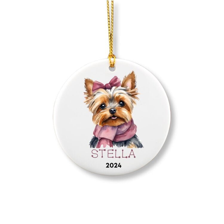 Personalized ornament showcasing a cute female yorkshire with a purple bow and scarf