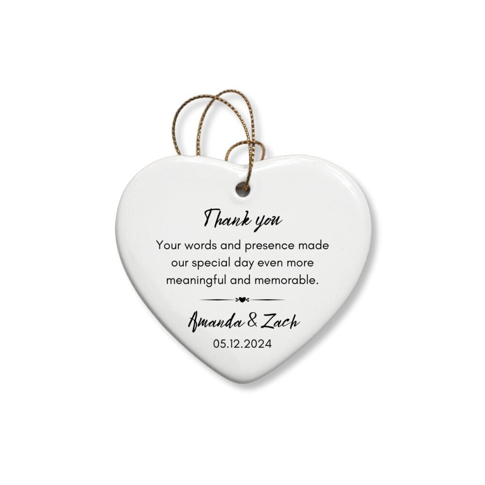 Personalized heart ornament for wedding ceremony officiant featuring a kind note and the name of the married couple and wedding date