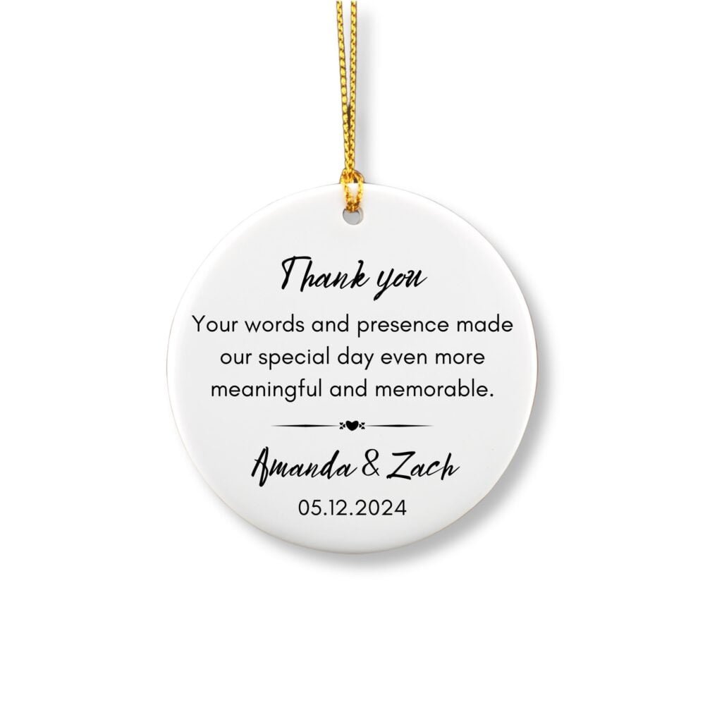 Personalized round ornament for wedding ceremony officiant featuring a kind note and the name of the married couple and wedding date