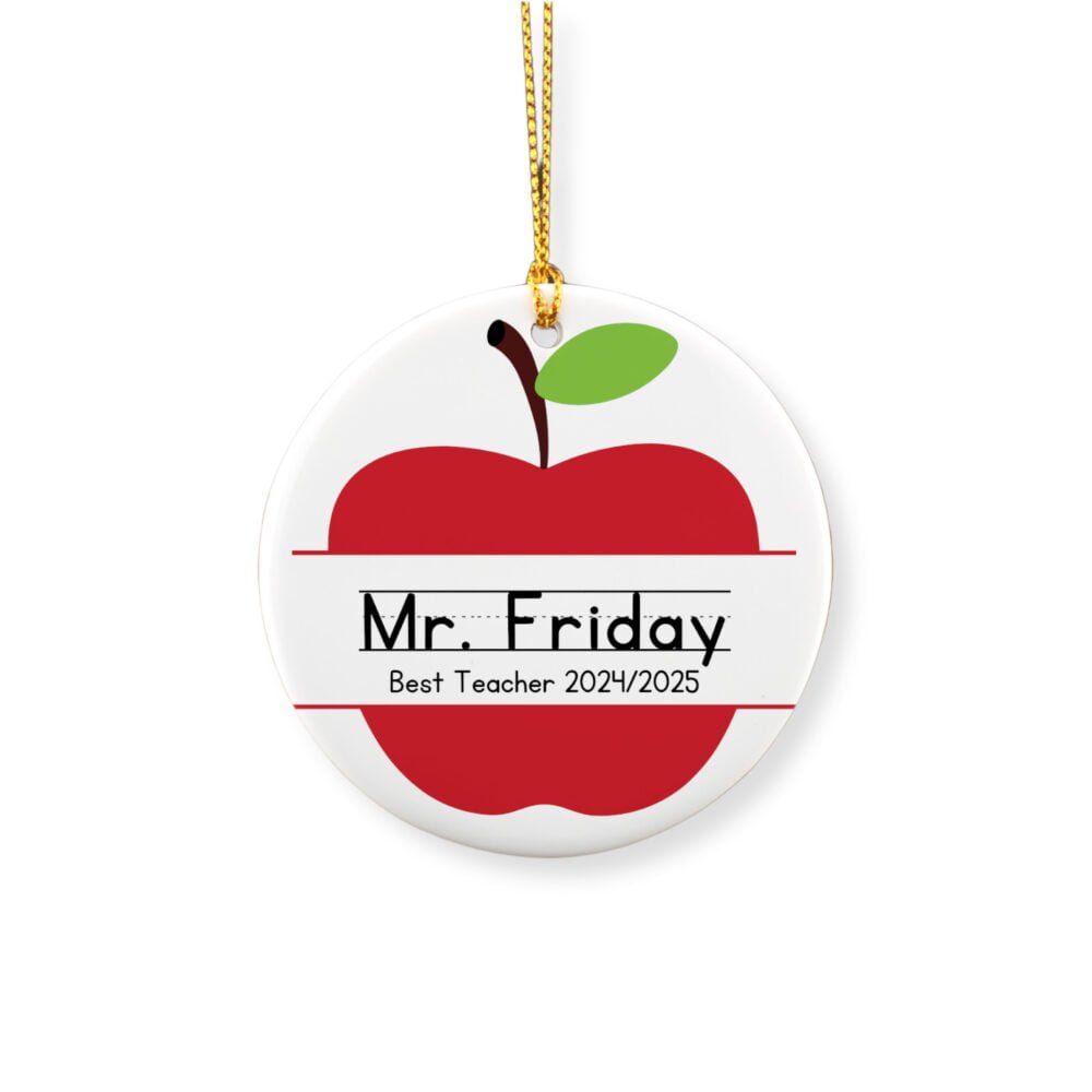 Personalized teacher round ornament featuring a red apple and a kid writing with the teacher name and school year.