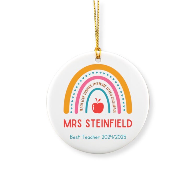 Personalized teacher round ornament featuring a rainbow and a kid writing with the teacher name and school year.