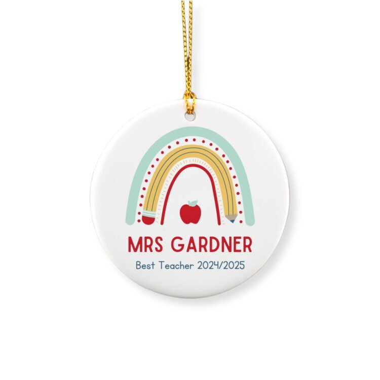 Personalized teacher round ornament featuring a Pencil rainbow and a kid writing with the teacher name and school year.